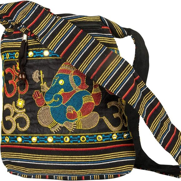 Women Hobo OM Black Cross Body Shoulder Bag Elephant Embroidered School Everyday - Picture 1 of 7